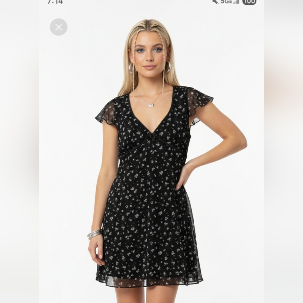 Y2K Babydoll Dress Black Floral Mini Fairy Boho Whimsigoth M